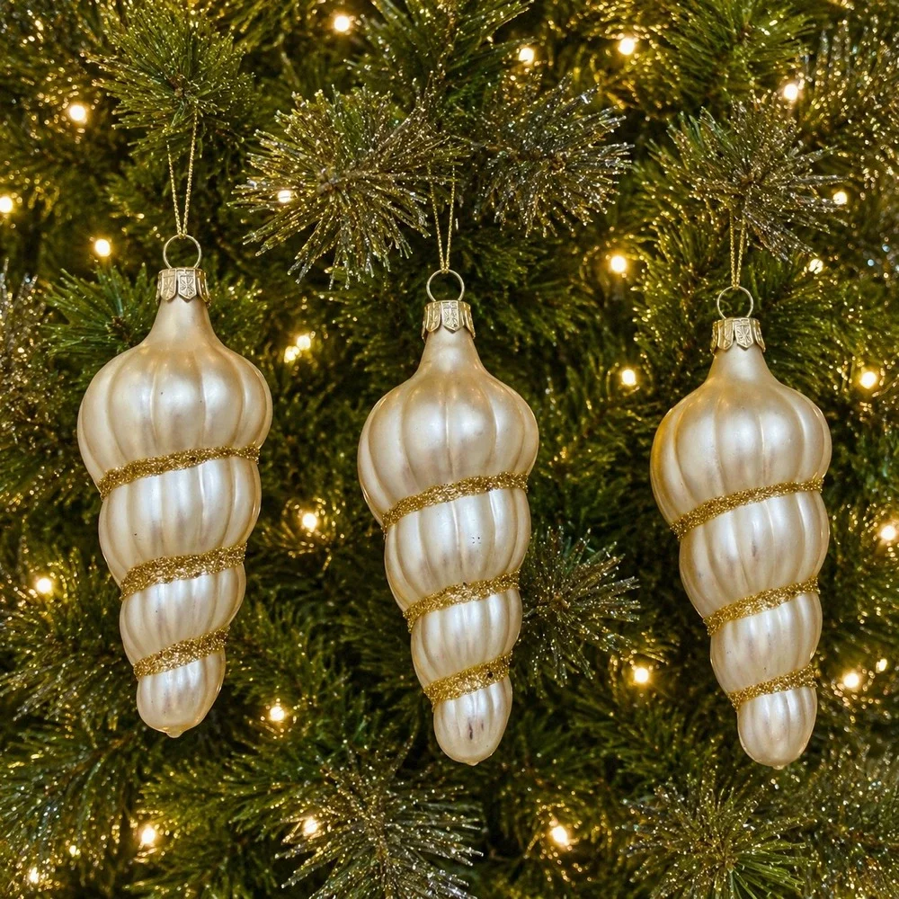 Pier 1 Set of 9 Glass Christmas Ornament Set Gold Glitter Balls Conch Shells